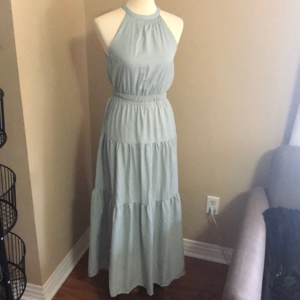 Mint/Seafoam Green High Neck Ruffle Maxi Dress